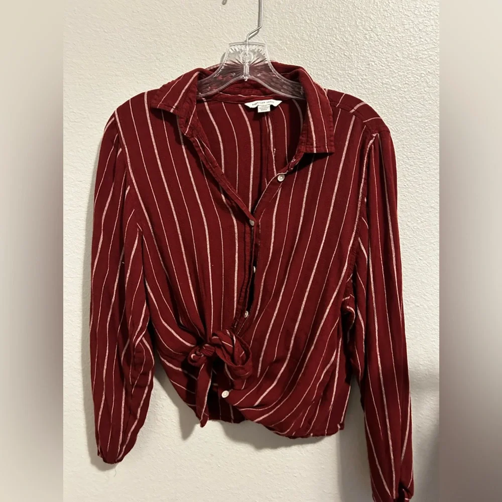 American Eagle Red Striped Tie Front Blouse - Picture 3 of 5